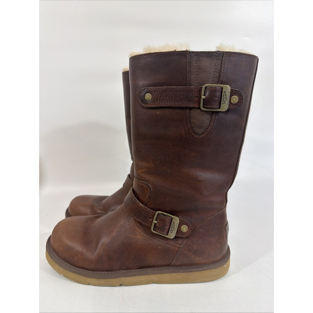 Womens Uggs Kensington Brown Shearling Leather Biker Buckle Moto Tall Boot